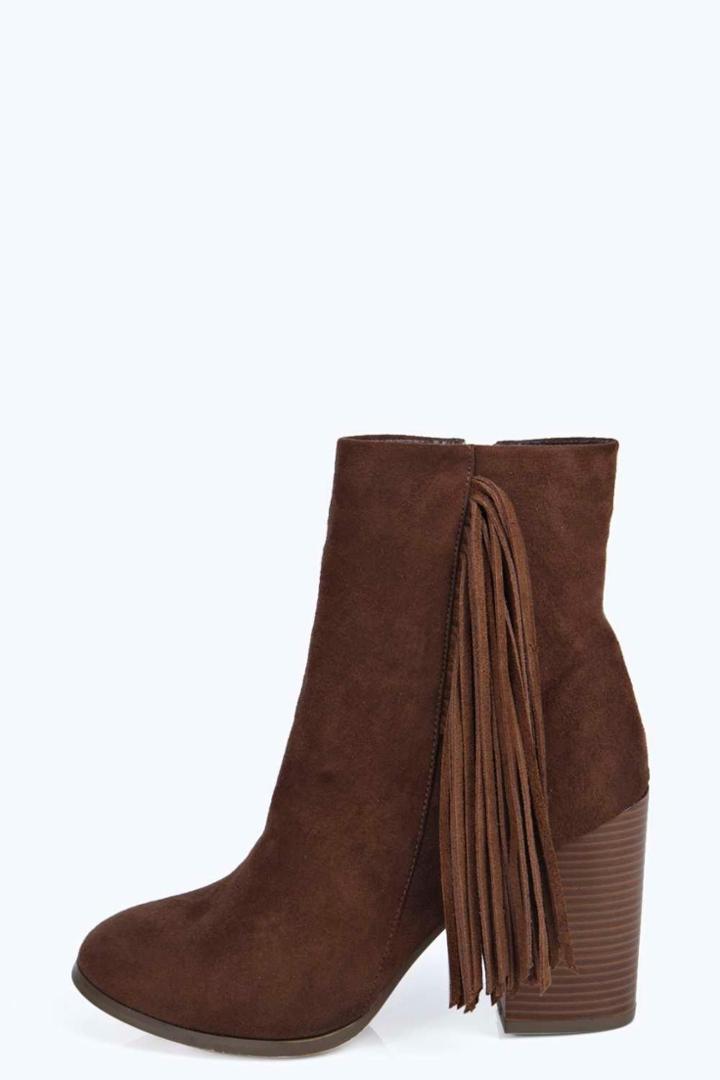 Boohoo Isabelle Tassel Trim Black Heel Boot Tan