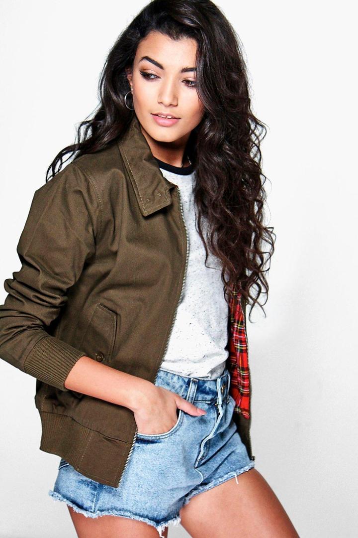 Boohoo Amber Tartan Lined Harrington Bomber Khaki