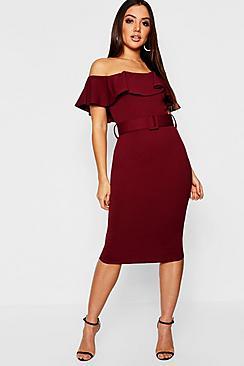 Boohoo Off The Shoulder Belted Midi Dress