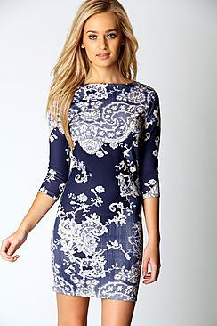 Boohoo Darcey Printed Sleeve Bodycon Dress