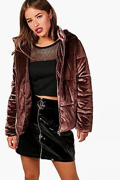 Boohoo Petite Velvet Hooded Padded Jacket