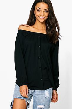 Boohoo Tall Romia Button Through Off The Shoulder Top