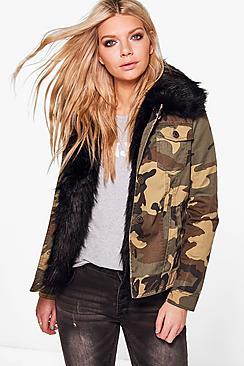 Boohoo Imogen Faux Fur Trim Camo Jacket