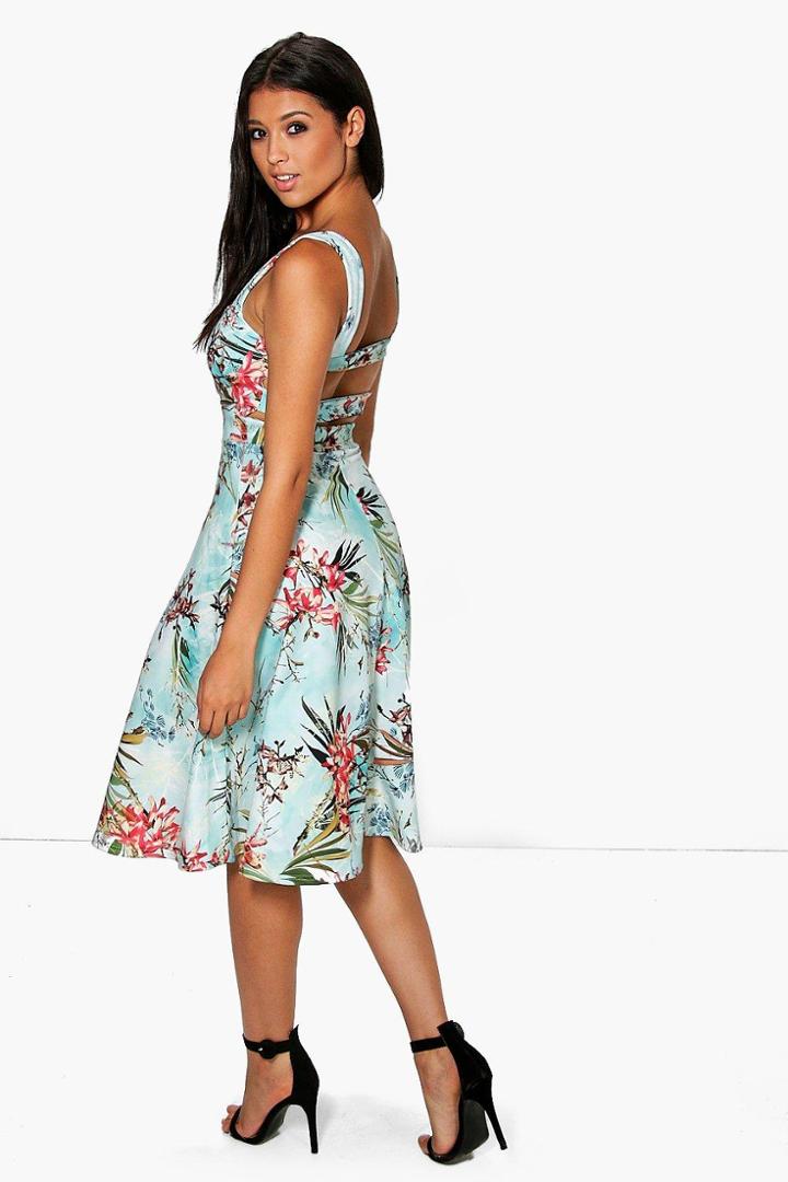 Boohoo Alisha Strappy Back Floral Midi Skater Dress Multi