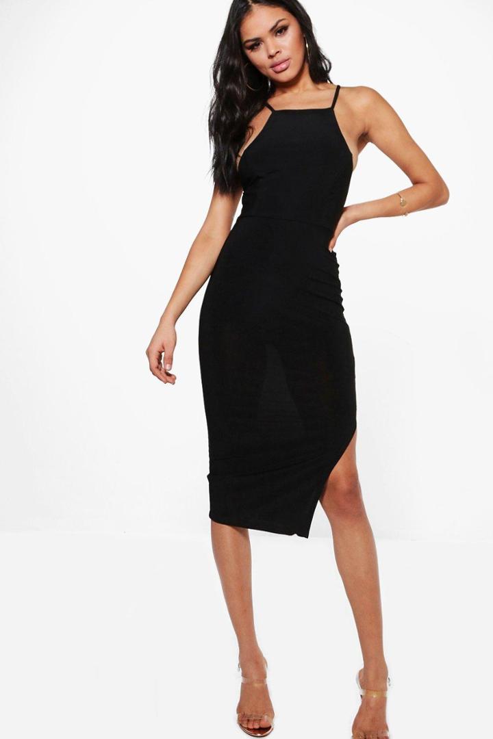 Boohoo Kelly Slinky Strappy Back Side Split Midi Dress Black
