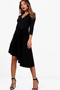 Boohoo Belted Asymmetric Midi Skater Dress