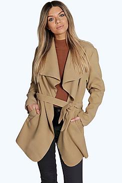 Boohoo Short Belted Waterfall Coat