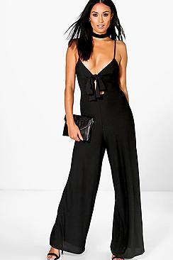 Boohoo Tie Front Wide Leg Jumpsuit