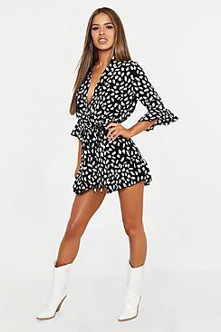 Boohoo Petite Wrap Ruffle Smudge Print Playsuit