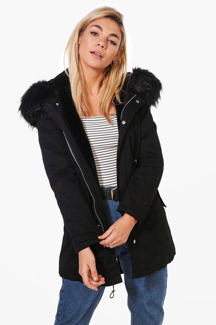 Boohoo Faye Boutique Faux Fur Hood Parka Black