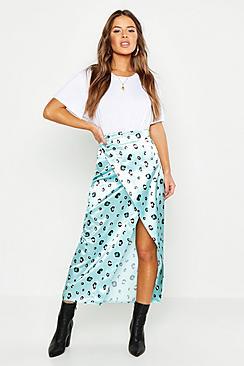 Boohoo Petite Satin Leopard Print Wrap Midi Skirt
