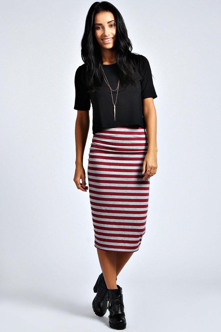 Boohoo Mai Burgundy & Marl Striped Midi Skirt - Burgundy