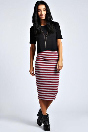 Boohoo Mai Burgundy & Marl Striped Midi Skirt - Burgundy