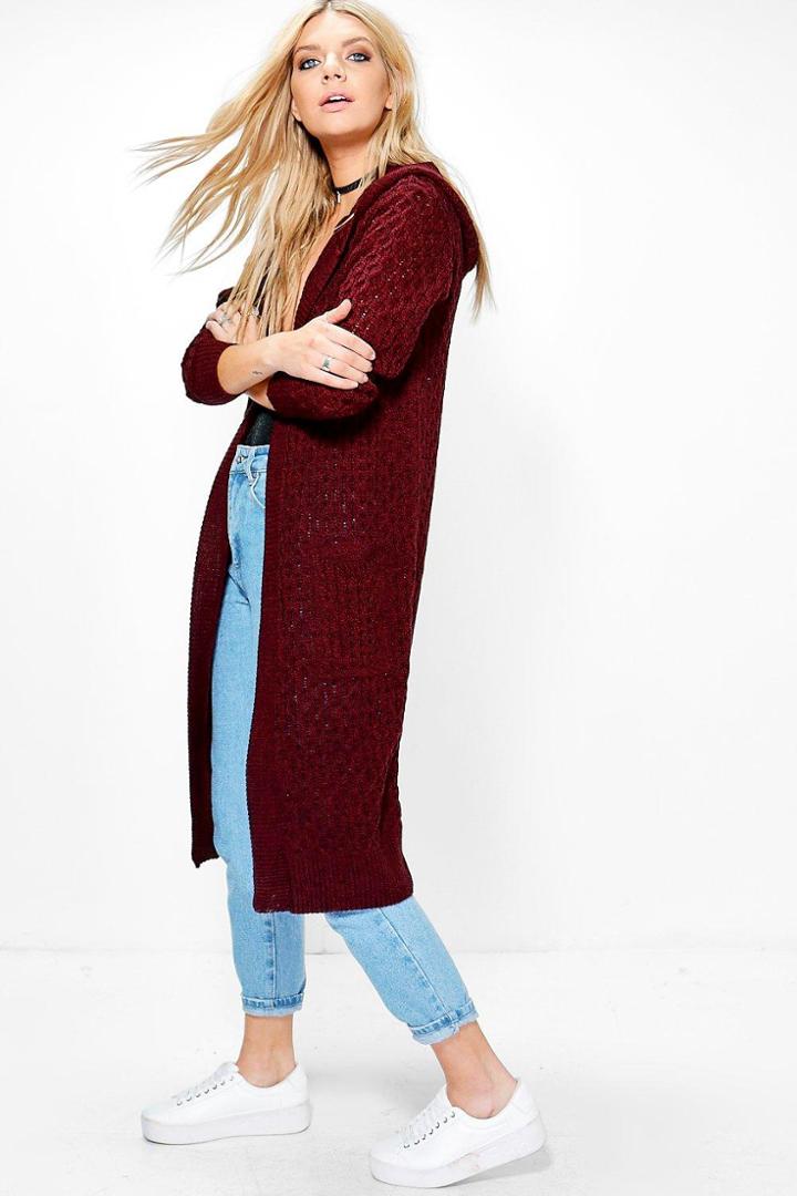 Boohoo Jennifer Hooded Cable Midi Cardigan Wine