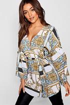 Boohoo Chain Print Kimono Sleeve Wrap Top