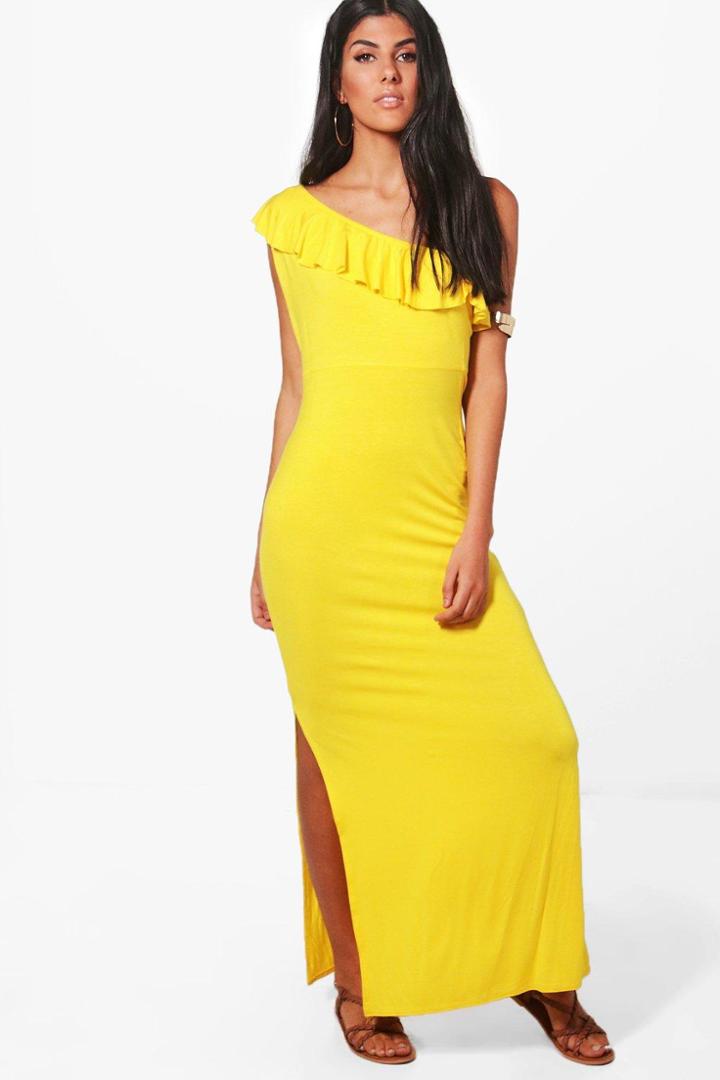 Boohoo Molly One Shoulder Frill Maxi Dress Yellow