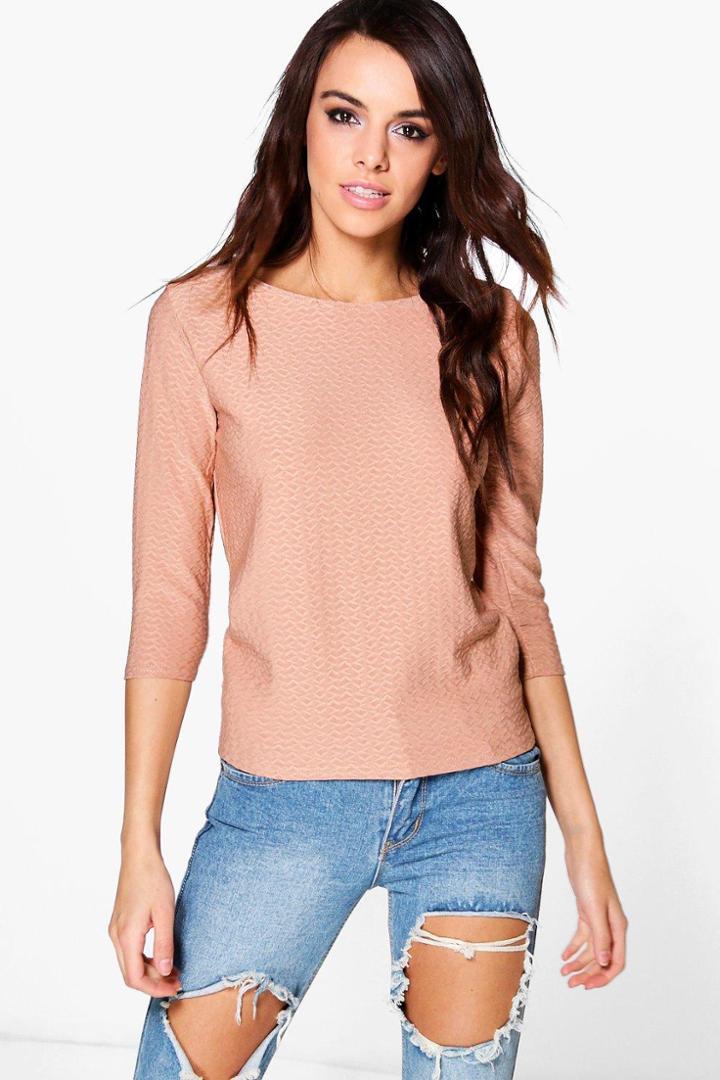 Boohoo Tamara Textured Long Sleeved Jaquared Long Sleeve Top Nude