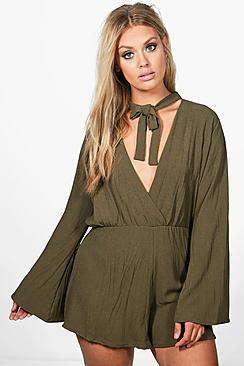 Boohoo Plus Megan Tie Neck Crinkle Playsuit