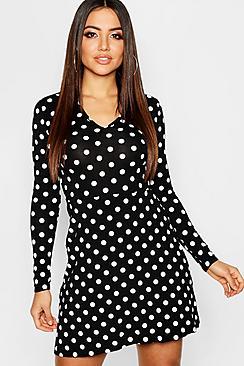 Boohoo Polka Dot V-neck Long Sleeve Skater Dress