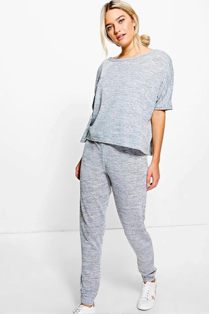 Boohoo Jayne Oversized Tee & Jogger Knitted Lounge Set Grey