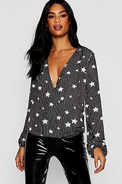 Boohoo Tall Stars & Stripe Print Wrap Blouse