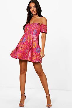 Boohoo Ellie Jacquard Off The Shoulder A Line Dress