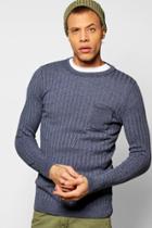 Boohoo Knitted Crew Neck Jumper With Patch Pocket Denim