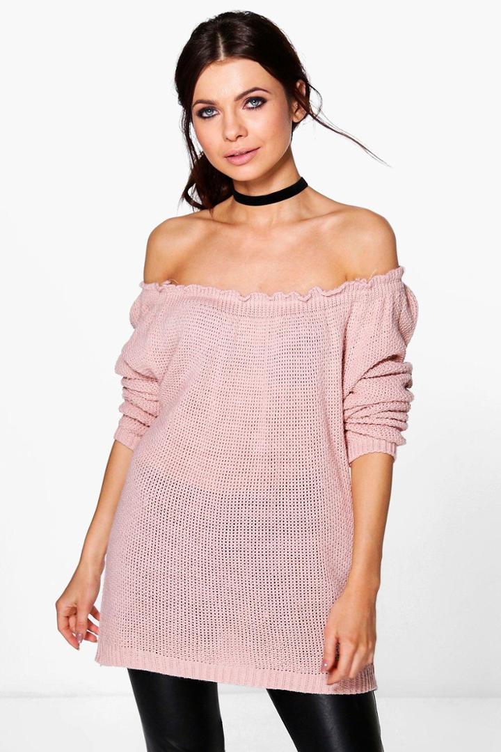 Boohoo Ellie Off The Shoulder Knitted Jumper Blush