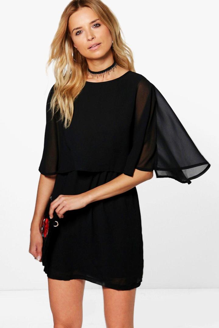 Boohoo Astley Chiffon Cape Skater Dress Black