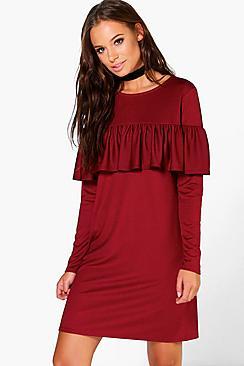 Boohoo Ruffle Long Sleeved Shift Dress