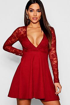 Boohoo Long Sleeve Lace Top Skater Dress