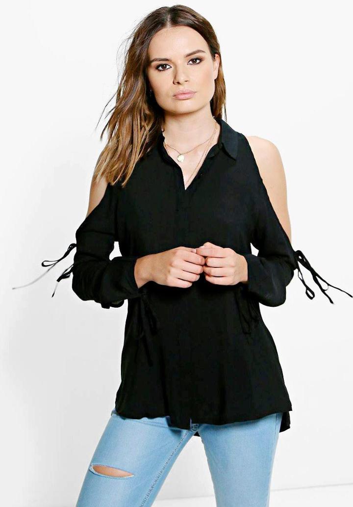 Boohoo Katie Open Shoulder Longline Shirt Black