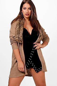 Boohoo Plus Sadie Edge To Edge Cardigan With Detachable Fur