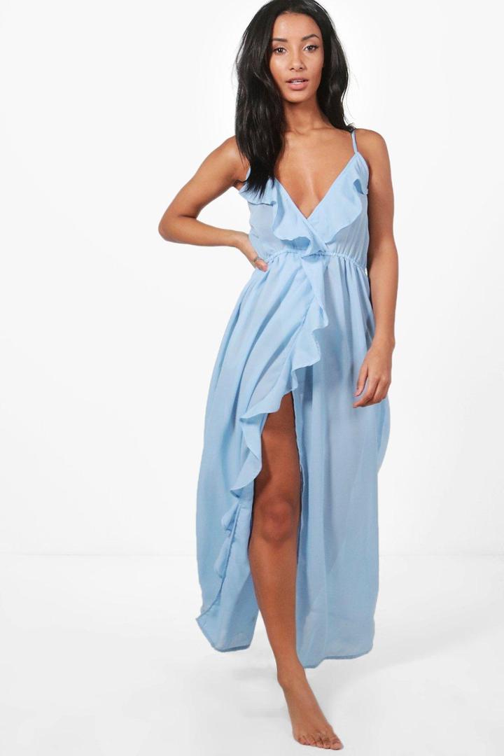 Boohoo Holly Ruffle Split Maxi Beach Dress Blue