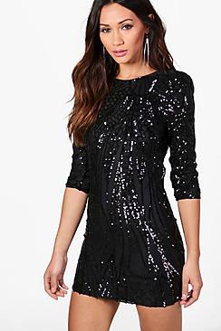 Boohoo Petite Jane Sequin + Mesh Power Shoulder Bodycon
