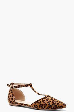 Boohoo Leopard Print T Bar Pointed Flats