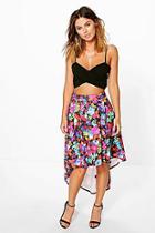 Boohoo Madina Bright Floral Dipped Hem Full Midi Skirt