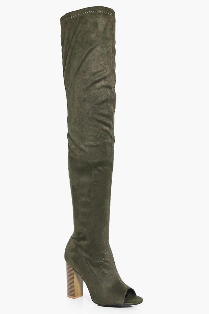 Boohoo Natalia Block Heel Peeptoe Over The Knee Khaki