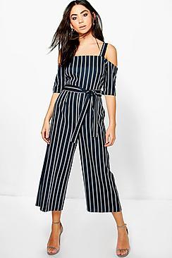Boohoo Kimy Cold Shoulder Culotte Pinstripe Jumpsuit