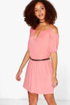Boohoo Molly Cut Out Cold Shoulder Skater Wrap Dress Salmon