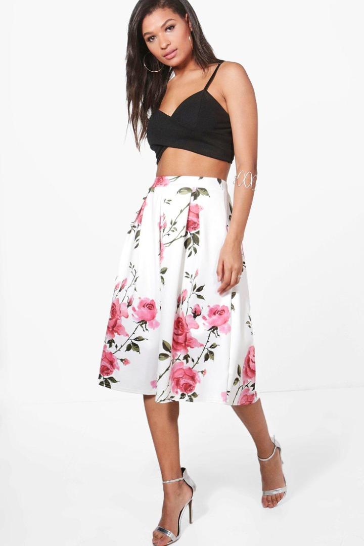 Boohoo Valentina Large Floral Box Pleat Skater Skirt Multi