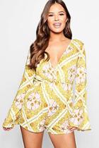 Boohoo Petite Hana Scarf Print Wrap Flare Sleeve Playsuit