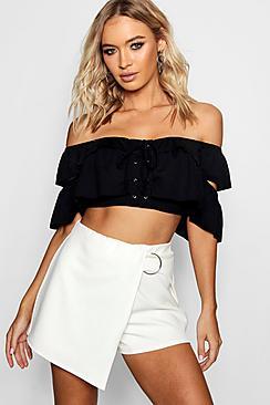 Boohoo Paige Bardot Ruffle Detail Lace Up Crop Top