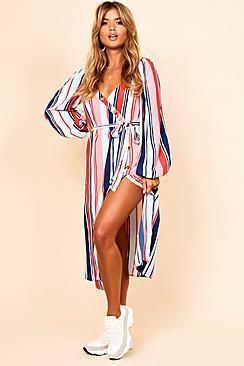 Boohoo Asymmetric Button Detail Stripe Midi Dress