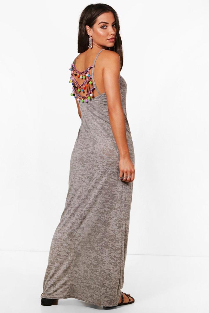 Boohoo Tegan Pom Pom Detail Jersey Maxi Beach Dress Grey