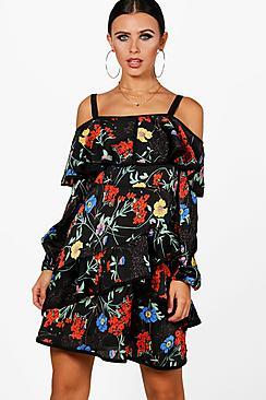 Boohoo Petite Gemma Ruffle Sleeve Tea Dress
