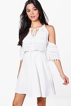 Boohoo Cold Shoulder Lace Skater Dress