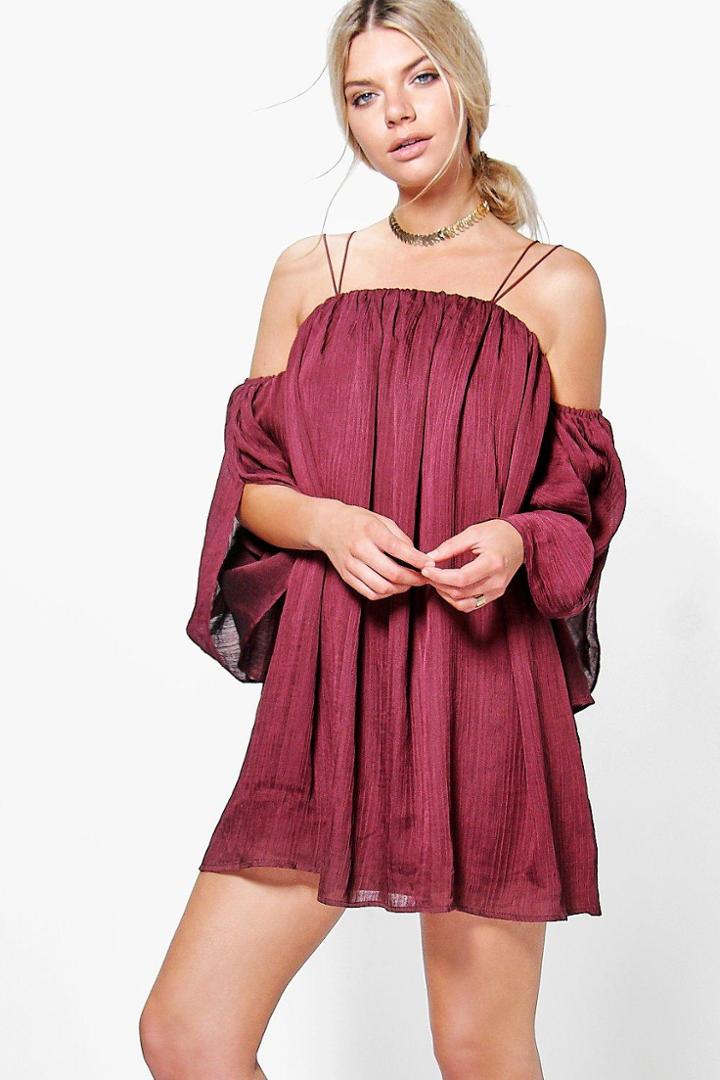 Boohoo Ju Angel Sleeved Pleated Crinkle Swing Dress Merlot