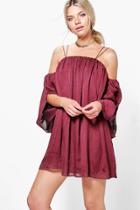 Boohoo Ju Angel Sleeved Pleated Crinkle Swing Dress Merlot