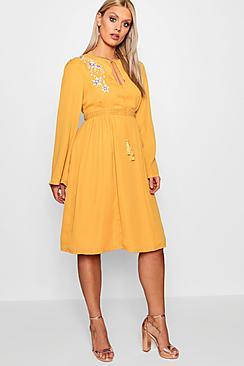 Boohoo Plus Embroidered Fluted Sleeve Midi Dress
